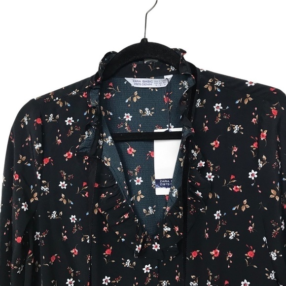 Zara Basic Denim z1975 Black Floral Tie Neck Long Sleeve Blouse NWT Medium - Picture 8 of 12